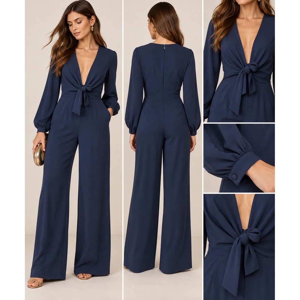 FEHAUTE Jumpsuit Deep V-Neck Knot Front Wide Leg Sz 12 Navy NWT Elegant Party